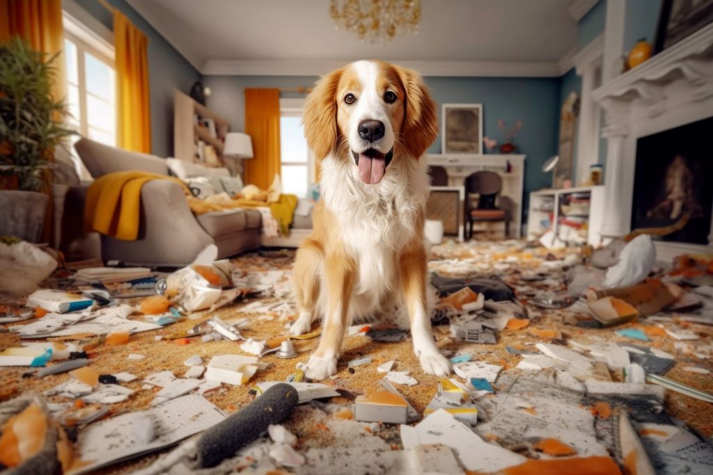 Na imagem, um golden retriever no meio de uma sala de estar inteira bagunçada, há pedaços de papel, tecido e espuma pelo chão todo e o cachorro está com cara de sapeca e sua lingua de fora.