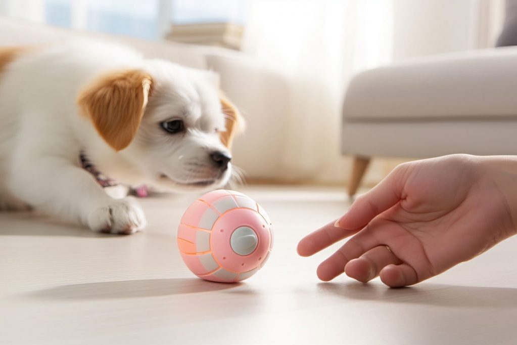 Na imagem um cão branco com as orelhas laranjas está correndo atrás de uma bola interativa. 