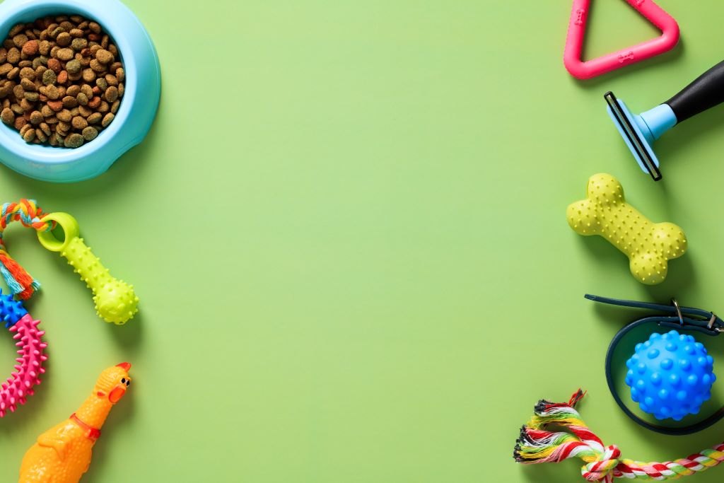 Imagem com um fundo verde e nos cantos direito e esquerdo vérios produtos pet, como mordedores, pote de ração, brinquedos e escova.