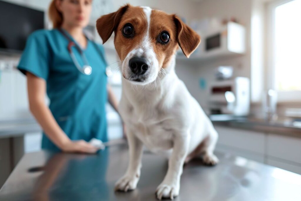 Na imagem um cachorro fox paulistinha em cima de uma mesa de veterinário, com a veterinária ao fundo desfocada.