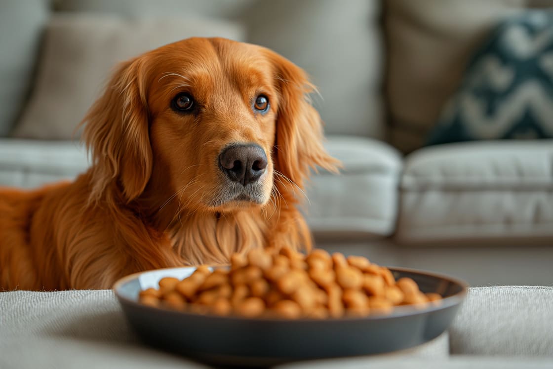 cachorro marrom de pelo longo com olhos fofos de frente com um prato de ração apoiado sob a superfície de uma mesa